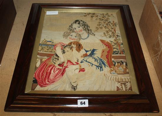 Rosewood framed Victorian needlework - children, cats & dogs